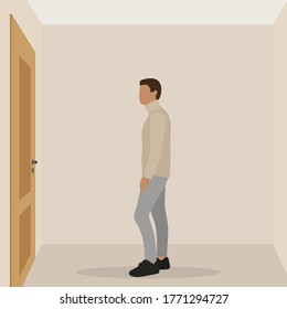 Male character stands in an empty room and looks at the door