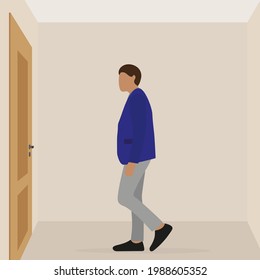 A male character stands in front of a closed door