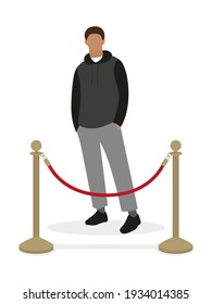 Male character stands in front of fence posts with red cord on white background