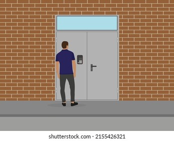 A male character stands in front of a metal door with an intercom