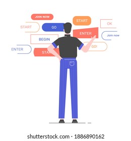 Male character stands with his back in front of different design options of one button. Application testing, user feedback, UI. Vector flat illustration.