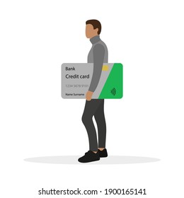 Male character stands with a huge credit card in his hands on a white background
