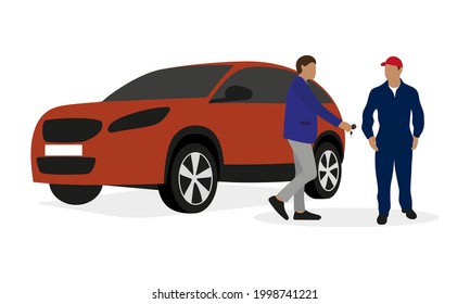 Male character stands near a car and gives keys to a male character in work overalls on a white background