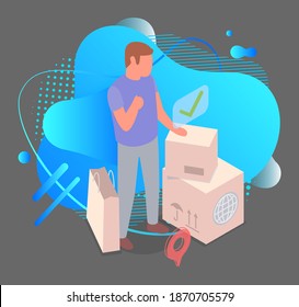 Un personnage masculin se tient près des boîtes en carton postal avec des marchandises, icône géolocalisation. Forme conceptuelle liquide à gradient bleu, logo. Le concept de parcelles internationales. Magasin en ligne Image isométrique à plat