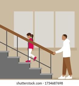 A male character stands near the stairs and looks at the girl climbing the stairs