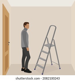 A male character stands near a stepladder in an empty room with a closed door