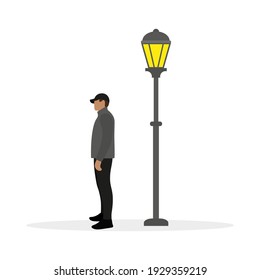 Male character stands near a street lamp on a white background