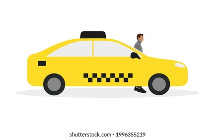 Male character stands near a yellow taxi on a white background