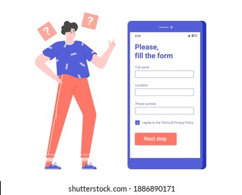 Male character stands next to a smartphone. Fills the registration form in the mobile application. Vector flat illustration.