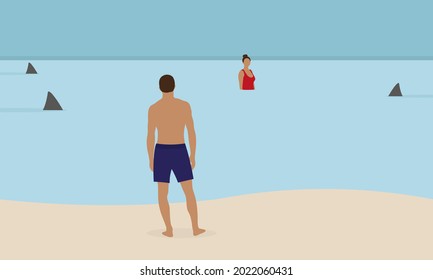 A male character stands on the beach and looks at a female character surrounded by sharks in the water