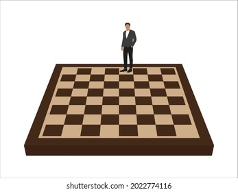 Male character stands on a large chessboard on a white background