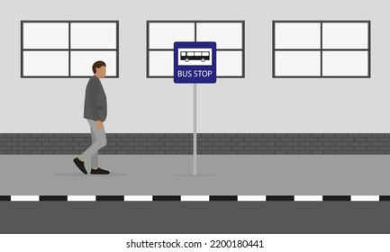A male character stands on the sidewalk near a bus stop sign