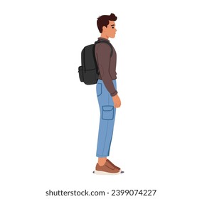 El Carácter Masculino Se Mantiene Alto Con Hombros Hacia Atrás, Cabeza Alineada Con Espina. Mochila De Posicionamiento Inadecuado, Correas Ajustadas. Mantenga Una Postura Equilibrada Para La Confort Y La Salud De La Espina. Ilustración vectorial