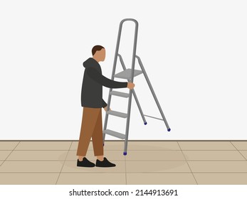 A male character with a stepladder in his hands stands indoors