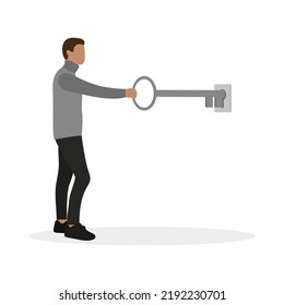 Male character sticking a huge key into the keyhole on a white background