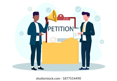 Male Character Is Submiting Petition. Two Man With Clipboard And Megaphone Standing Next To Petition In Folder. Flat Cartoon Vector Illustration