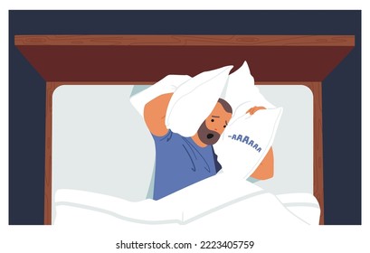 El personaje masculino sufre de insomnio por el ruido intenso o fuerte en la habitación nocturna. Un hombre angustioso cubre las orejas con las almohadas acostadas en la cama a la hora de dormir. Ilustración de vectores de personas de caricatura