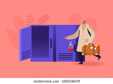 Male Character with Suitcase Bring Luggage to Storage. Temporary Bags Repository Service, Lockers in Airport, Supermarket or Railway Station. Depot for Keeping Baggage. Cartoon Vector Illustration
