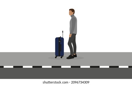 Male character with a suitcase on wheels stands on the sidewalk on a white background