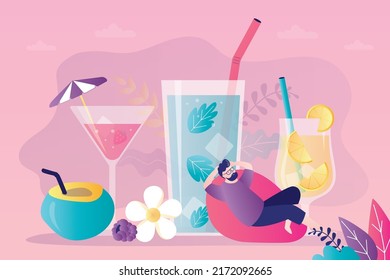 Male character in sun lounger relaxes on beach. Large glass with cocktail and straw. Guy in sunglasses sunbathing on ocean. Handsome man chilling during summer vacation. Flat vector illustration

