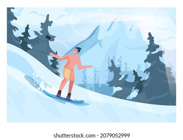 Male character in swim shorts on snowboard riding down a hill. Guy snowboarding at ski resort track. Winter extreme sport. Flat vector illustration