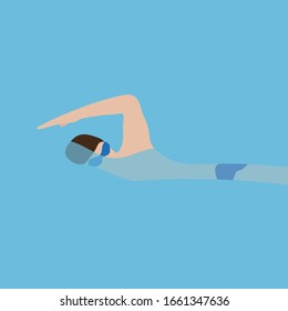 Male character in swimming goggles and swimming trunks floats in water