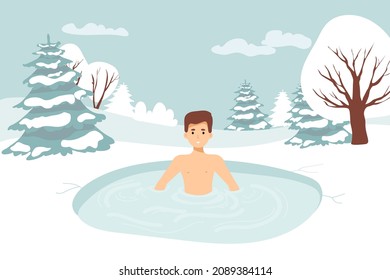 Carácter masculino Natación en hielo. Desafío saludable de estilo de vida, concepto de actividad deportiva. Agujero en temporada de invierno. man Temper, Healthy Lifestyle Challenge, Sports Activity. Entorno de iluminación de vectores