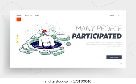 Male Character Swimming in Ice Hole in Winter Season Landing Page Template. Man Temper, Take Part in Orthodox Church Holy Epiphany Day. Healthy Lifestyle Internet Challenge. Linear Vector Illustration