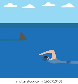 A male character is swimming in the water next to a shark