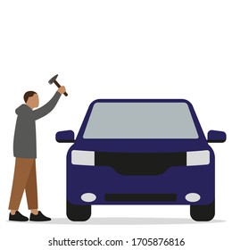 Male character is swinging a hammer at a car