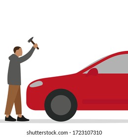Male character is swinging a hammer at a car