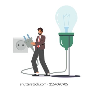 Conmutador de caracteres masculinos en el enchufe para una lámpara de luz enorme. Business Man trabaja en proyectos en busca de ideas creativas. Investigación de lluvia de ideas, perspicacia y creatividad. Ilustración del vector de dibujos animados