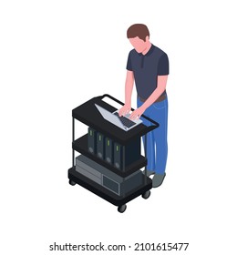 Male character of system administrator working on laptop in data center isometric icon vector illustration