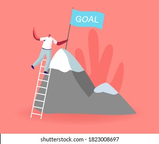 Male Character Take New Height. Business Man Climbing on High Mountain. Businessman Stand on Ladder, Set Up Goal Flag on Rock Peak. Successful Career, Leadership, Victory. Cartoon Vector Illustration