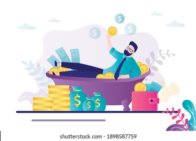 El carácter masculino se baña lleno de billetes y monedas. Un empresario de caricaturas se baña en riqueza. Hombre rico relajándose en un baño lleno de dinero. Concepto de éxito millonario y financiero. Ilustración del vector