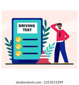 Male character is taking driving test. Man takes exam to obtain driver license. List of examination questions. Student gives correct answers on exam after studying at driving school