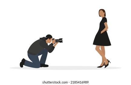 Male character taking a photo of a female character on a white background