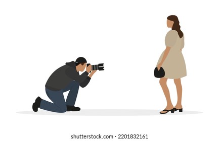 Male character taking a photo of a female character on a white background