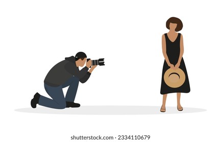 Male character taking a photo of a female character on a white background