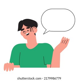 Male Character Talk Or Have Conversation. Man With Speach Bubble. Concept Of Teaching, Conversation, Speach For Educational, Business Banner, Landing Web Page, Language Speaking Application.