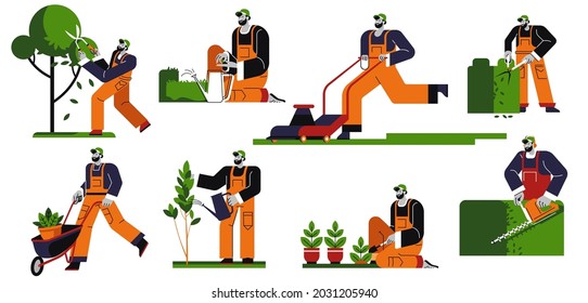 Carácter masculino cuidando el jardín cortando hojas y ramas de arbustos y árboles. Hombre trabajando al aire libre, jardinero con equipo y maquinaria para trabajos agrícolas o agrícolas. Vector de estilo plano