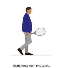 Male character with a tennis racket in his hand stands on a white background