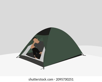 Male character in a tent in winter