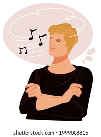 Carácter masculino pensando en notas musicales, componiendo una canción en la cabeza. El hombre pensivo da tormentas de ideas para la actuación. Músico profesional, sonido de armonía o melodía. Vector de estilo plano