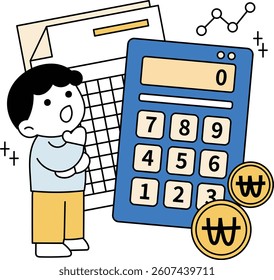 A male character thinking with a calculator and documents in the background. 