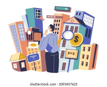 Male Character Thinking On Buying Apartment Or House, Man Choosing Home To Live. Buildings And Money, Magnifying Glass Symbol Of Scrutinized Search Of Client. Investor Or Realtor. Vector In Flat Style