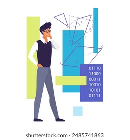 Male character thinking on logic problem of science research vector illustration