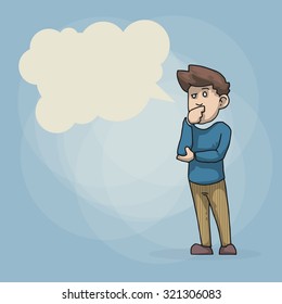 Male character, thinking, with speech bubble vector illustration