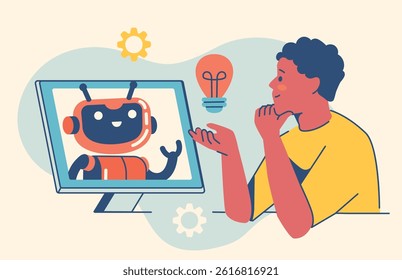 Male character thinking while an AI assistant on desktop screen offers ideas. Suitable for innovation, brainstorming, virtual help, and smart technology themes