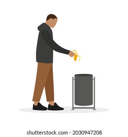 Male character throwing banana peel into trash can on white background